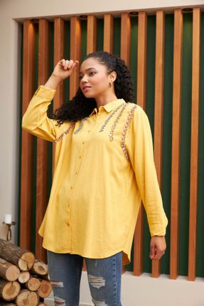 پیراهن زرد زنانه اورسایز آستین-بلند مخلوط کتان کد 824771433