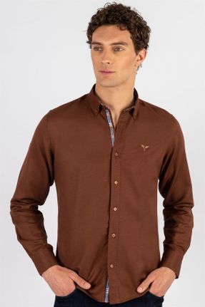 پیراهن قهوه ای مردانه یقه پیراهنی اسلیم فیت پنبه - پلی استر کد 263666200