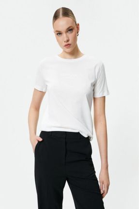 تی شرت سفید زنانه رگولار یقه گرد پنبه (نخی) کد 824676307