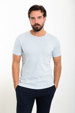 تی شرت آبی مردانه اسلیم فیت یقه گرد پنبه (نخی) کد 813889702