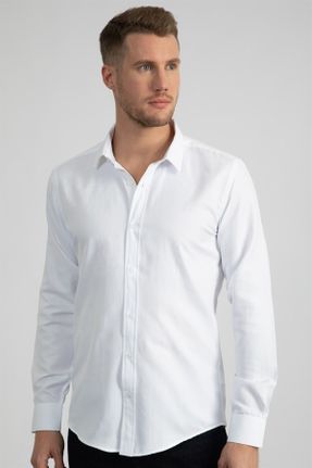 پیراهن سفید مردانه اسلیم فیت یقه دکمه مخفی پنبه - پلی استر کد 208578356