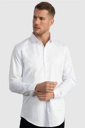 پیراهن سفید مردانه پنبه - پلی استر یقه پیراهنی اسلیم فیت کد 196518438