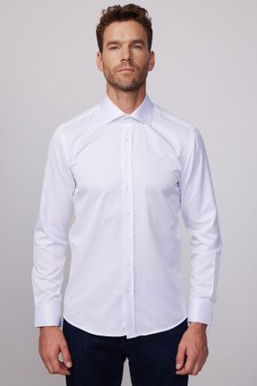 پیراهن سفید مردانه اسلیم فیت پنبه - پلی استر یقه پیراهنی کد 144654898