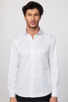 پیراهن سفید مردانه پنبه - پلی استر یقه پیراهنی اسلیم فیت کد 222999168