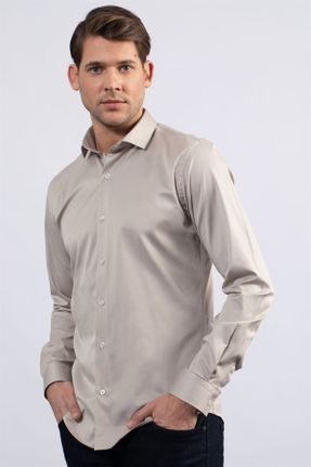 پیراهن بژ مردانه اسلیم فیت یقه پیراهنی پنبه - پلی استر کد 218164311