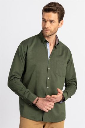 پیراهن سبز مردانه یقه پیراهنی پنبه - پلی استر ریلکس فیت کد 6072246