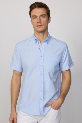 پیراهن آبی مردانه پنبه - پلی استر یقه پیراهنی ریلکس فیت کد 802497459