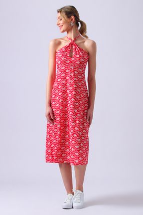 لباس قرمز زنانه بافتنی ویسکون طرح گلدار Fitted کد 741794098