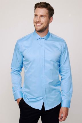 پیراهن آبی مردانه اسلیم فیت یقه پیراهنی پنبه - پلی استر کد 251860128