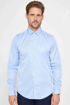 پیراهن آبی مردانه اسلیم فیت یقه پیراهنی پلی استر کد 379789925