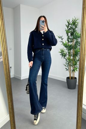 شلوار جین سرمه ای زنانه پاچه اسپانیولی فاق بلند جین ساده بلند کد 824884979