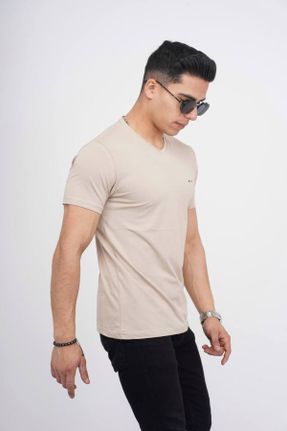 تی شرت بژ مردانه اسلیم فیت یقه هفت تکی پوشاک ورزشی کد 818081816