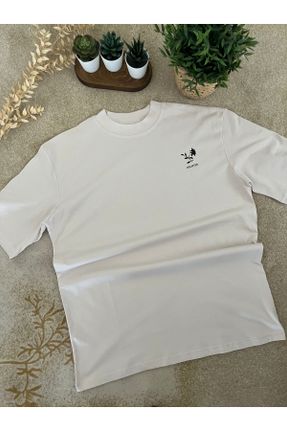 تی شرت بژ زنانه اورسایز یقه گرد تکی طراحی کد 821576028