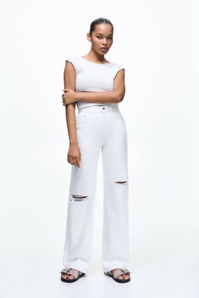شلوار جین سفید زنانه پاچه گشاد فاق بلند کد 825186360