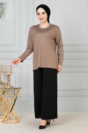 بلوز قهوه ای زنانه طرح دار nacar çarşı - کد 825278993