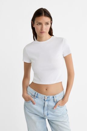 تی شرت سفید زنانه یقه گرد کراپ پنبه (نخی) کد 239016311