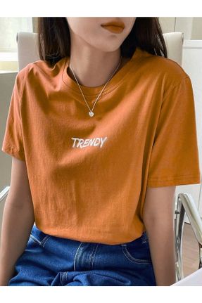 تی شرت نارنجی زنانه اورسایز یقه گرد پنبه (نخی) تکی کد 825584401