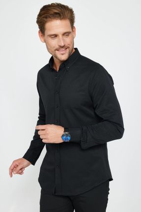 پیراهن مشکی مردانه یقه دکمه دار پنبه - پلی استر اسلیم فیت کد 819082760