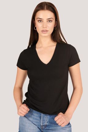 تی شرت مشکی زنانه یقه هفت مخلوط ویسکون رگولار تکی کد 336617222