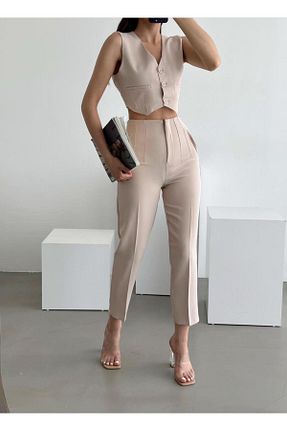 شلوار پارچه ای بژ زنانه فاق بلند LAMİRAMOOD - کد 788354560