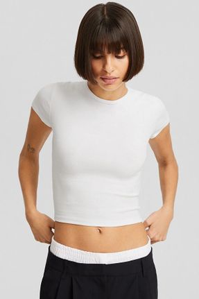 تی شرت سفید زنانه رگولار یقه گرد تکی بیسیک کد 825704726