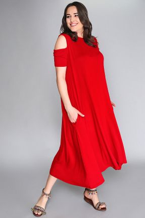 لباس قرمز زنانه بافت مخلوط ویسکون سایز بزرگ کد 825473109