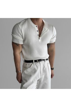 تی شرت سفید مردانه اسلیم فیت یقه قاضی پنبه (نخی) تکی بیسیک کد 825528597