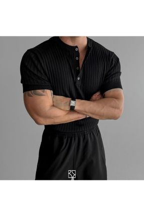 تی شرت مشکی مردانه اسلیم فیت یقه قاضی پنبه (نخی) تکی بیسیک کد 825528521