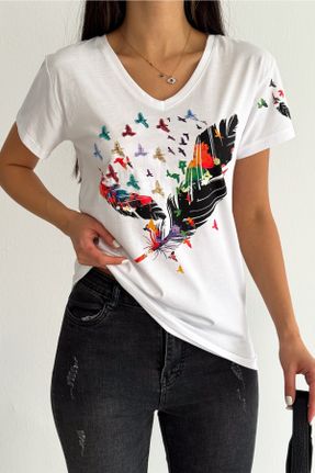 تی شرت سفید زنانه رگولار یقه هفت تکی طراحی کد 825683767