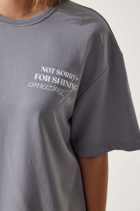 تی شرت طوسی زنانه رگولار یقه گرد پنبه - پلی استر تکی بیسیک کد 825882824