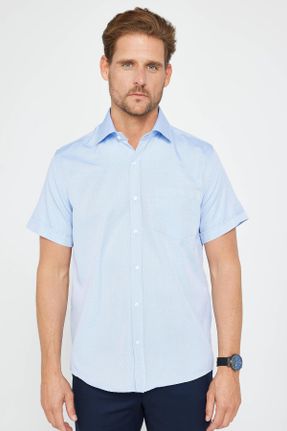 پیراهن آبی مردانه یقه پیراهنی پنبه - پلی استر ریلکس فیت کد 825889220