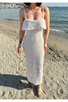 لباس بژ زنانه تریکو پنبه - پلی استر طرح گلدار رگولار پوشاک ساحلی کد 826010324