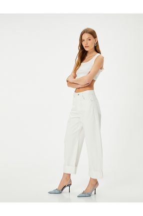 شلوار جین سفید زنانه فاق بلند کاپری کد 822146321