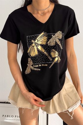 تی شرت مشکی زنانه ریلکس یقه هفت تکی طراحی کد 825962465