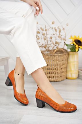 کفش پاشنه بلند کلاسیک نارنجی زنانه چرم طبیعی پاشنه ضخیم کد 676340621