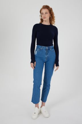 شلوار جین آبی زنانه پاچه رگولار فاق بلند ساده جوان استاندارد کد 825762949