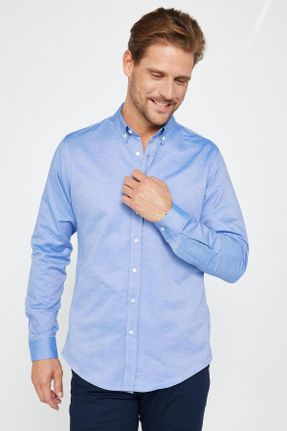 پیراهن آبی مردانه اسلیم فیت یقه دکمه دار پنبه - پلی استر کد 823713802