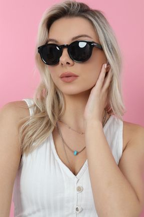 عینک آفتابی مشکی زنانه 47 UV400 آستات مات گرد کد 789065064