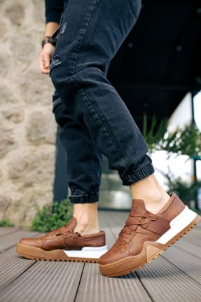 کفش اسنیکر قهوه ای مردانه بند دار چرم مصنوعی کد 117187989