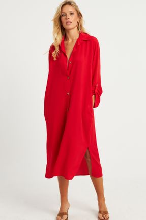لباس قرمز زنانه بافتنی پنبه - پلی استر رگولار آستین-بلند کد 826146106