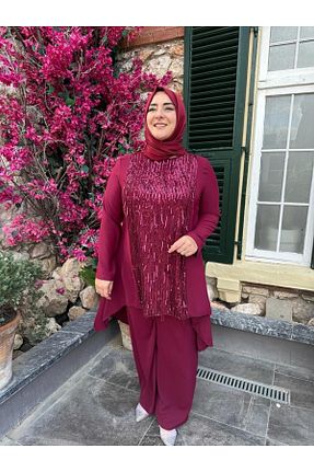 ست بالاتنه و پائین تنه زرشکی زنانه بافتنی Emsale - کد 826188760