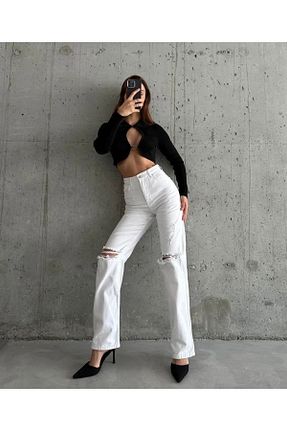 شلوار جین سفید زنانه پاچه پهن Aida Fashion - کد 826618467