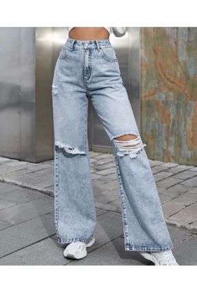 شلوار جین آبی زنانه پاچه راحت فاق بلند پنبه (نخی) استاندارد کد 826618658
