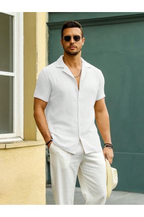 پیراهن سفید مردانه پنبه - پلی استر یقه اپاش اسلیم فیت کد 827039588