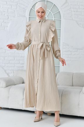 لباس بژ زنانه بافتنی پنبه - پلی استر لباس پیراهنی آستین-بلند کد 827113845