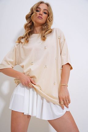 تیشرت بژ زنانه اورسایز Trend Alaçatı Stili - کد 819755878