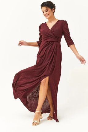 لباس مجلسی سایز بزرگ زرشکی زنانه یقه هفت پارچه ای رگولار آستین بلند کد 826859061