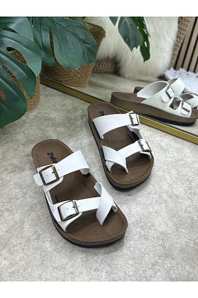 دمپائی سفید زنانه چرم مصنوعی İmerShoes - کد 827033353