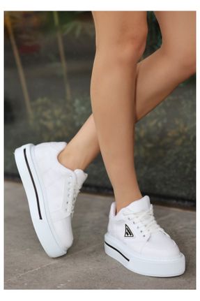 کفش اسنیکر سفید زنانه بند دار پارچه نساجی کد 827005051
