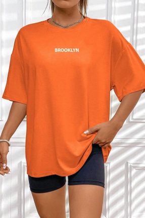 تی شرت نارنجی زنانه اورسایز یقه گرد تکی کد 827051934